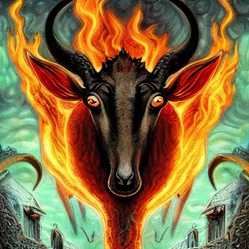 Prompt: the devastating wise goat throught the flames, dystopic, fantasy, h.p. Lovecraft, highly detailed, HD, 8k