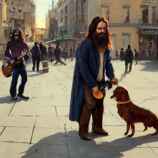 Prompt: oil painting of a man with long hair and a beard with his golden retrever dog playing guitar in the square for money people watching around, by greg rutkowski, artstation