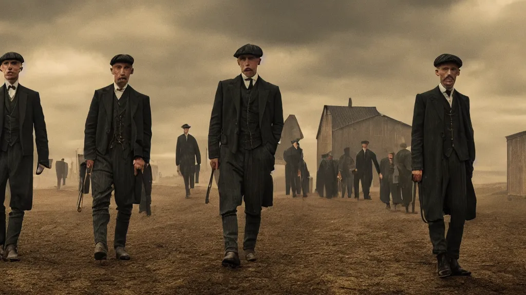 Image similar to the peaky blinders with peanuts heads, film still from the movie directed by denis villeneuve with art direction by zdzis