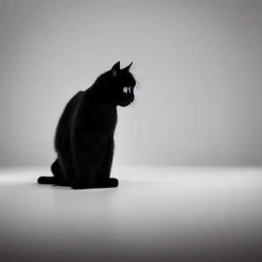 Prompt: national geographic photograph of a scheming black cat sitting in a white room