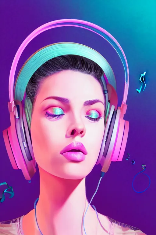 Image similar to a award winning half body portrait of a beautiful woman with stunning eyes in a croptop and cargo pants with ombre purple pink teal hairstyle listenin to music with headphones on her ears by thomas danthony, surrounded by whirling illuminated lines, outrun, vaporware, shaded flat illustration, digital art, trending on artstation, highly detailed, fine detail, intricate