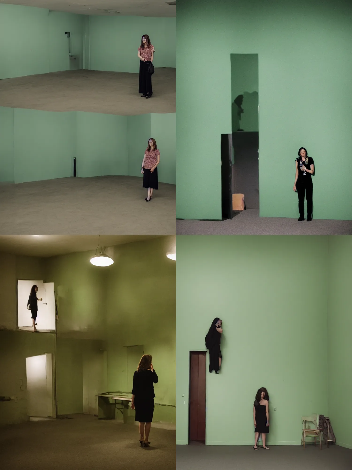 Prompt: a woman standing in an empty green room