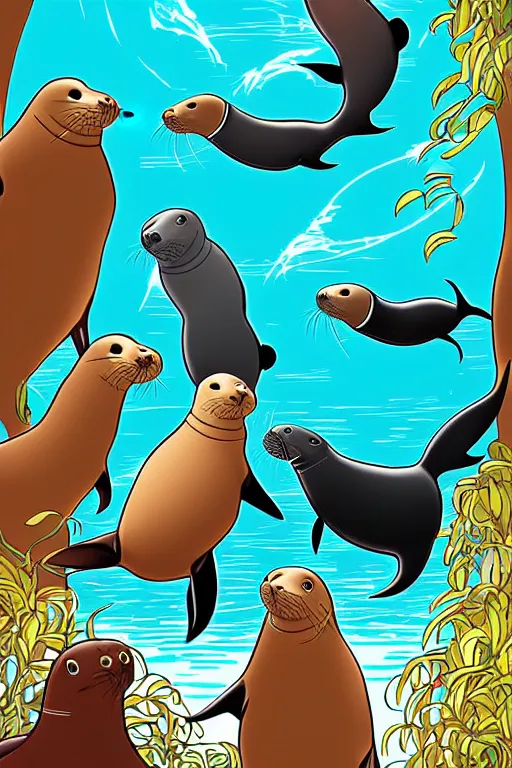Prompt: illustration for a story that reads : sleek sea lions, so graceful and fair, you'll find them in the most unexpected places. like the grocery store, for instance, wherethey enjoy perusing the aisles for sardines., colorful, fantasy, pixar, childrens book illustration, sharp high detail, manga and anime ( 9 )