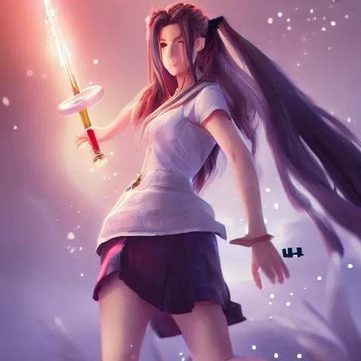 Image similar to full body shot of aerith ff7 by wlop, rossdraws, mingchen shen, bangkuart, sakimichan, yan gisuka, jeongseok lee, artstation, 4k