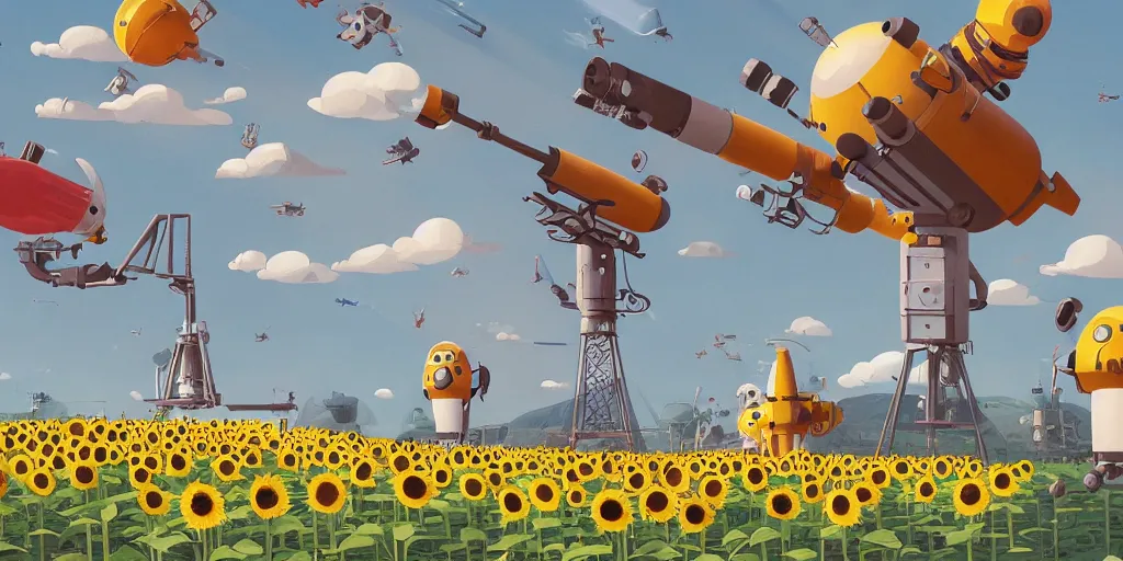 Prompt: cute cartoon multiple rockets missile system on the sunflower field by goro fujita and simon stalenhag and wes anderson and alex andreev and chiho aoshima and beeple and banksy and kandinsky and magritte and basquiat and picasso, 8 k, trending on artstation, hyper detailed, cinematic