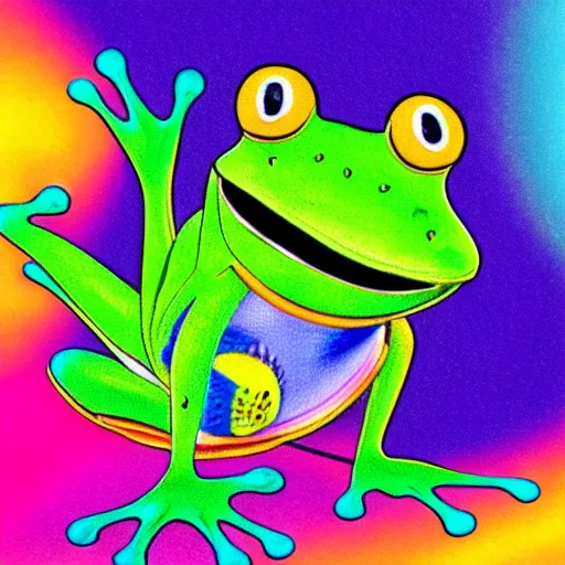 Prompt: a frog with a baseball hat lisa frank