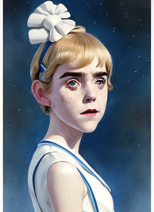 Image similar to portrait of kiernan shipka with freckles, white hair, big 1 9 6 0 s bob hairstyle with bangs and hairband, blue 1 9 6 0 s dress, intricate, elegant, glowing lights, highly detailed, digital painting, artstation, concept art, smooth, sharp focus, illustration, art by wlop, mars ravelo and greg rutkowski