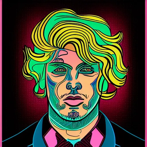 Image similar to a portrait of tattooed the beautiful man, in retro colors, synthwave style, 2 d digital vector art