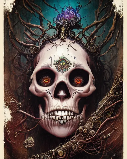 Prompt: perfectly centered portrait front view of a angry dead rotten beautiful female skull growing ornamentation all around, ornate, detailed, symmetrical, elegant, beautifully soft lit, by wayne barlowe, peter mohrbacher, kelly mckernan