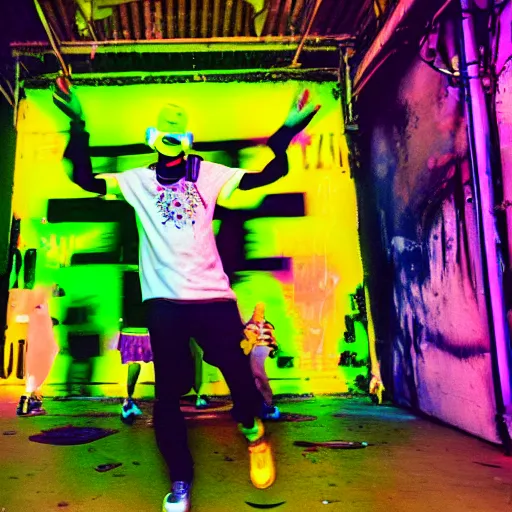 Prompt: a mad raver dancing at a warehouse rave 1988, acid house, smiley face t-shirt, XTC, photorealistic, depth of field, 16k resolution, 35mm camera wideangle