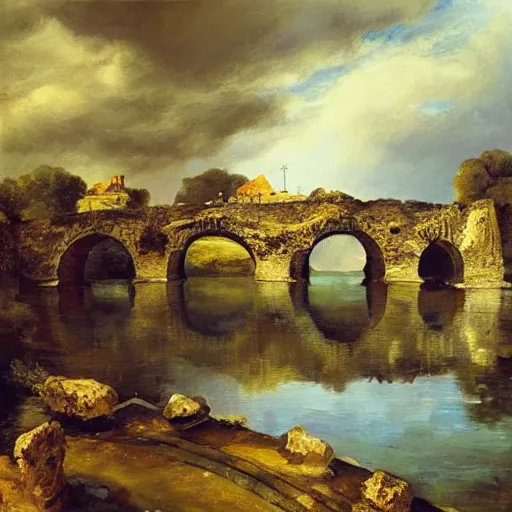 Image similar to modern stylized oil painting of medieval stone bridge, very very very beautiful, funny structure, romanticism by goya, bright art, cinematic dramatic lighting, plants and water