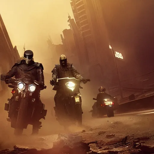 Image similar to four judges on big motorcycles from Judge Dredd riding across the Cursed Earth with a trail of dust behind them, and the ruins of Minneapolis ahead. Hyperrealistic, Blade Runner 2047, artstation, movie poster art