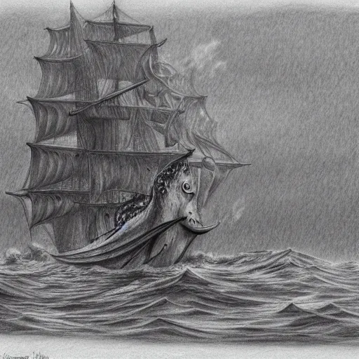 Prompt: coloured pencil drawing of a wonderful an big galion attacked by a giant octopus, rainy day an big waves. d & d, illustration, realism, trending on artstation