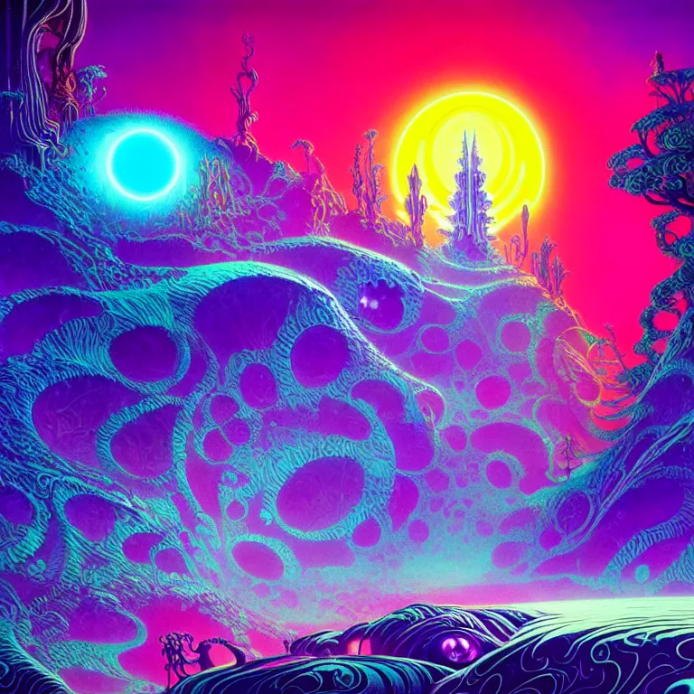 Image similar to mysterious eyeball hovers over mythical crystal temple, fractal waves, synthwave, bright neon colors, highly detailed, cinematic, eyvind earle, tim white, philippe druillet, roger dean, ernst haeckel, lisa frank, aubrey beardsley
