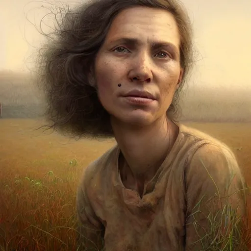 Image similar to full body portrait of a female farmer, untidy hair, highly detailed, dirty face, next to a red barn, digital painting, artstation, concept art, soft focus, depth of field, artgerm, tomasz alen kopera, peter mohrbacher, donato giancola, joseph christian leyendecker, wlop, boris vallejo