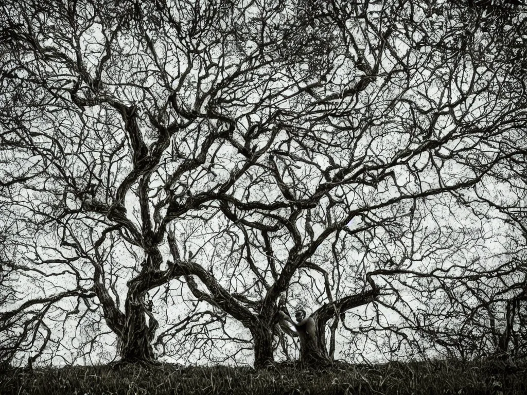 Prompt: a artistic picture with singular human -tree with crown like mycelium branches highly detailed