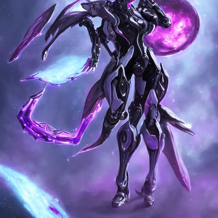 Image similar to cinematic close shot, cosmic sized proportional stunning beautiful hot female warframe, detailed robot mecha female dragon head, metal ears purple eyes, sleek silver armor, fuschia skin, floating in empty space, nebula sized, posing elegantly, epic proportions, epic size, epic scale, furry art, dragon art, giantess art, warframe fanart, furaffinity, deviantart