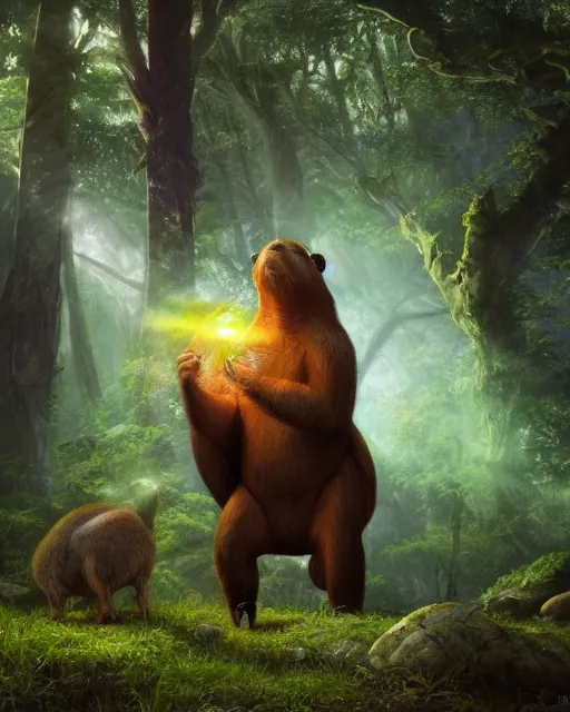 Image similar to oil painting of Anthropomorphized Capybara Druid casting green magic spell, wearing leaf cloak, glowing eyes, sharp focus, fantasy style, octane render, volumetric lighting, 8k high definition, by greg rutkowski, highly detailed, trending on art Station, magic the gathering artwork, magical forest backround, centered