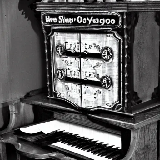 Image similar to steampunk organ, black and white film,