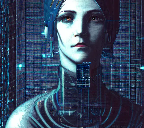 Prompt: a portrait of a cyberpunk netrunner, in the style of Gustave Doré, 4k, 8k, HD, trending on artstation