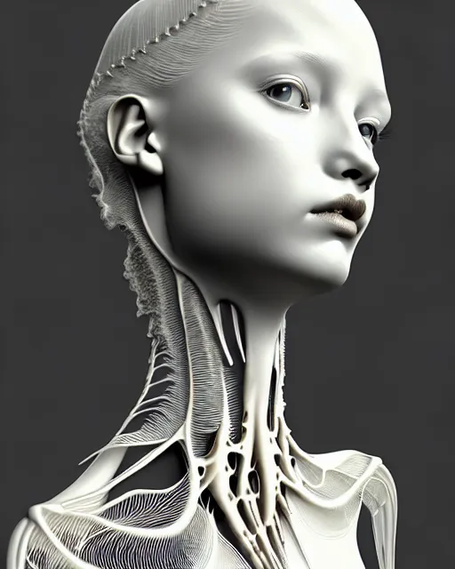 Prompt: dreamy soft bw 3 d render, beautiful angelic biomechanical albino girl cyborg with a porcelain profile face, rim light, big leaves and stems, roots, fine foliage lace, alexander mcqueen, art nouveau fashion embroidered collar, steampunk, silver filigree details, hexagonal mesh wire, mandelbrot fractal, elegant, artstation trending