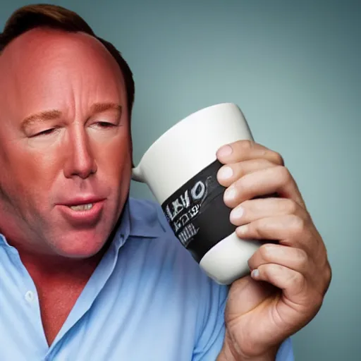 Image similar to alex jones swallowing a coffee mug, photorealistic,