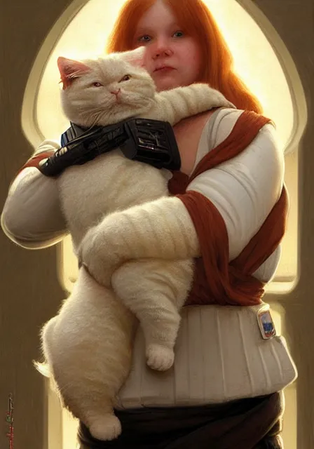 Prompt: a stormtrooper holding a fat ginger cat in his arms, star wars, intricate, elegant, highly detailed, digital painting, artstation, concept art, smooth, sharp focus, illustration, art by artgerm and greg rutkowski and alphonse mucha and william - adolphe bouguereau