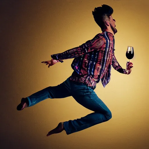 Prompt: a painting of a portrait of a male model boisterously dancing around the room by himself holding an empty wine bottle as he jumps in the air in a (warehouse), striking artistic concept, perfect composition, detailed facial expression, fine detail, dramatic lighting, award-winning photo UHD, 4K