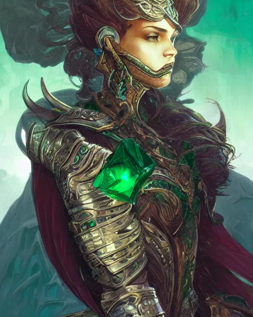 Image similar to Portrait of a Fantasy emerald knight, moonlit, HD, illustration, epic, D&D, fantasy, intricate, elegant, highly detailed, digital painting, artstation, concept art, smooth, sharp focus, illustration, art by artgerm and greg rutkowski and alphonse mucha, monster hunter illustrations art book