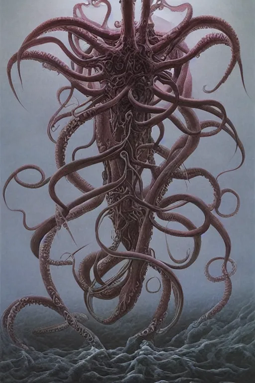 Image similar to an amazing masterpiece of art by gerald brom, Zdzisław Beksiński, tentacles