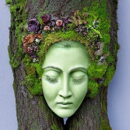 Prompt: mother nature made from a tree, emerging goddess, highly detailed, mossy, flower hair