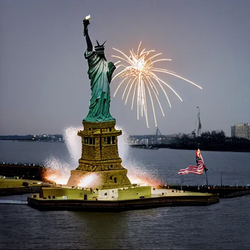 Image similar to an exploding Statue of Liberty in the style of NAOYA HATAKEYAMA, CAI GUO-QIANG, and LOS CARPINTEROS