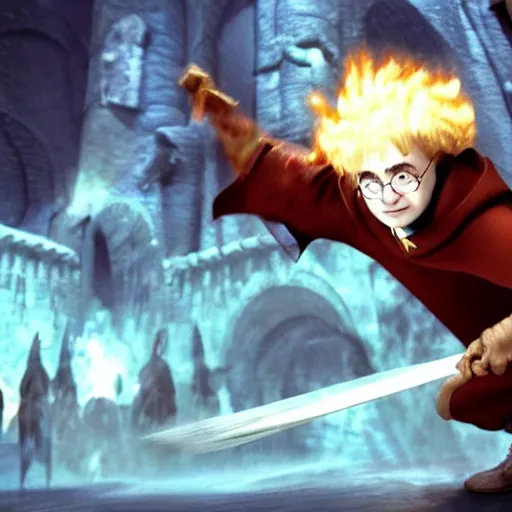 Image similar to Harry Potter riding a broom in Moria fighting Balrog