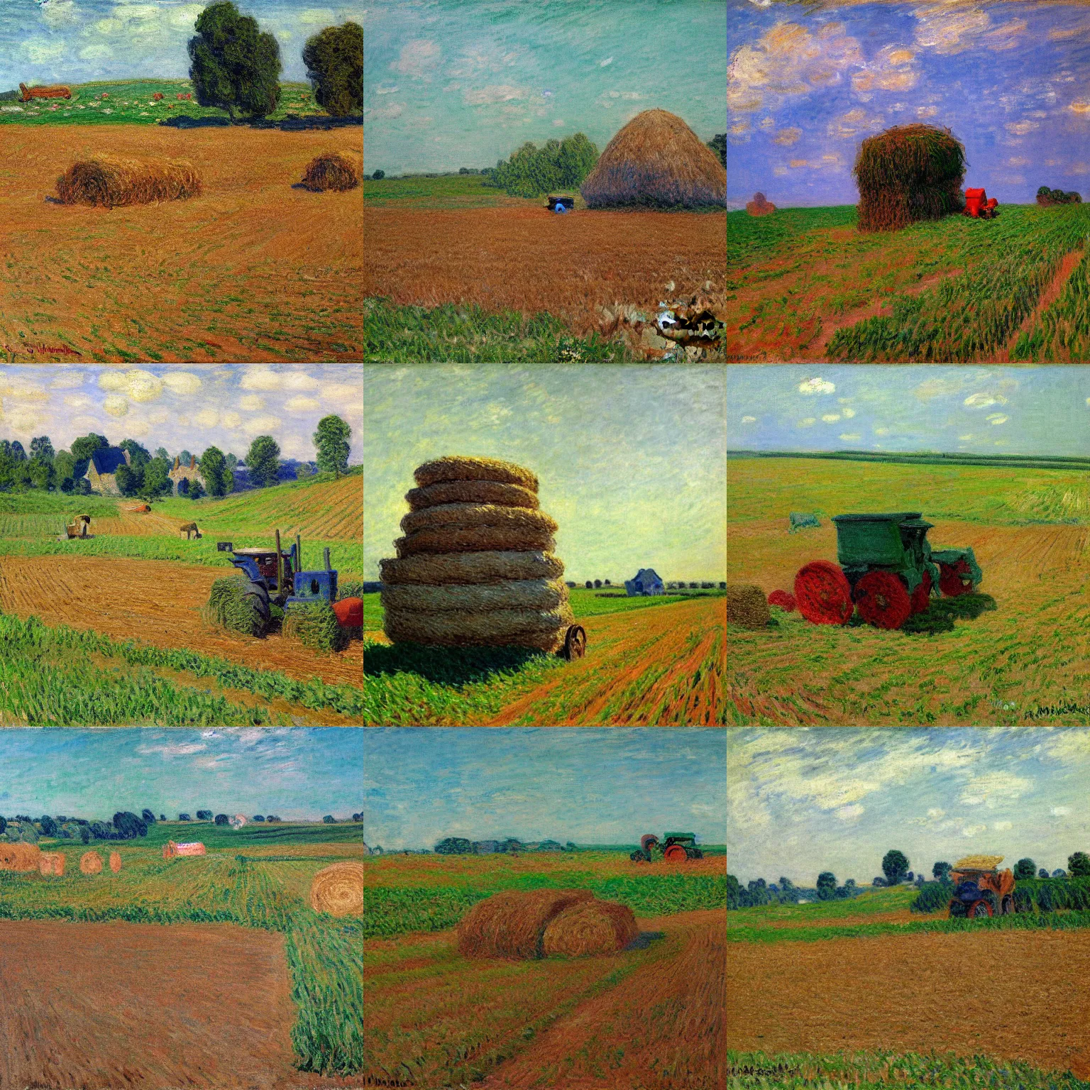 Prompt: Haystacks by Monet with a tractor in the field, impressionist painting, farm equipment