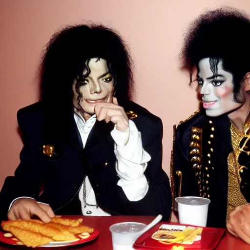 Prompt: Michael Jackson having lunch with Prince at a McDonald's, flash photography, high resolution, 8k