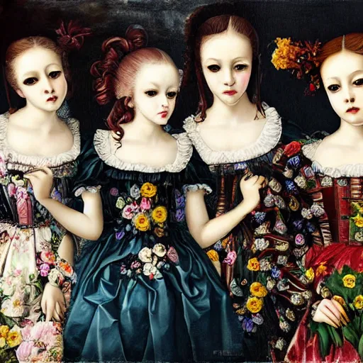 Prompt: renaissance, baroque oil painting brushstrokes, group of creepy young ladies wearing renaissance long harajuku manga dress with flowers and skulls, background chaotic flowers