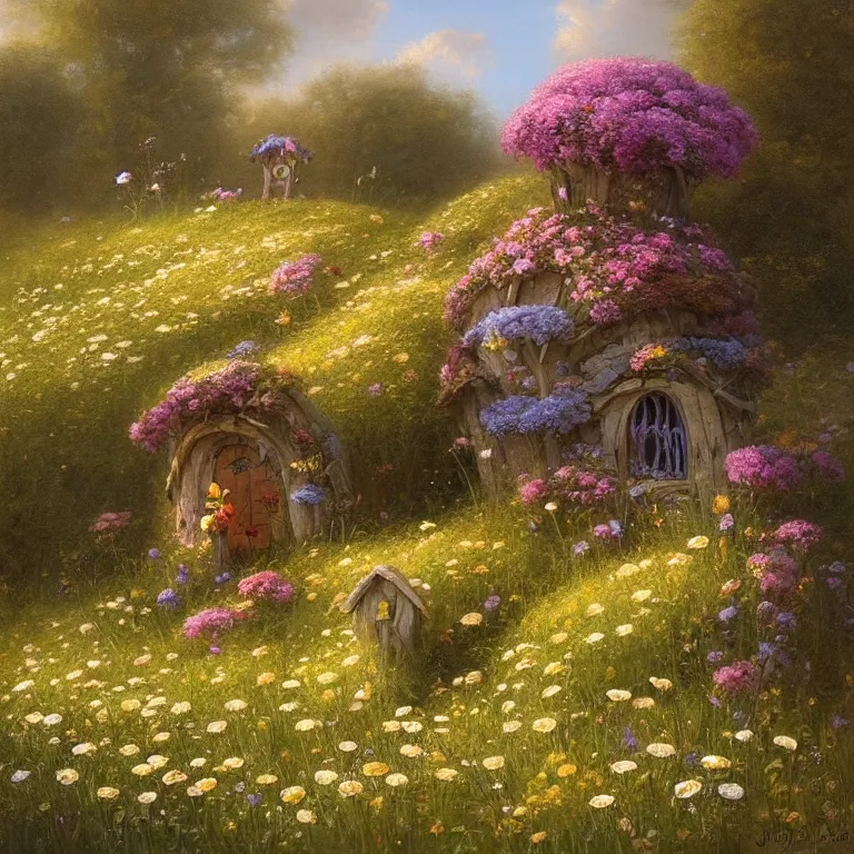 Prompt: a whimsical fairy house in a field of daisies by Justin Gerard, evening light