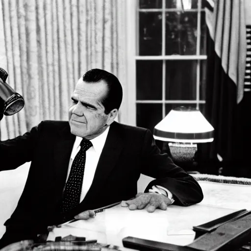 Prompt: Richard Nixon drinking whiskey in the oval office