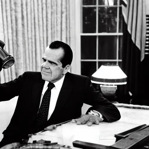 Image similar to Richard Nixon drinking whiskey in the oval office