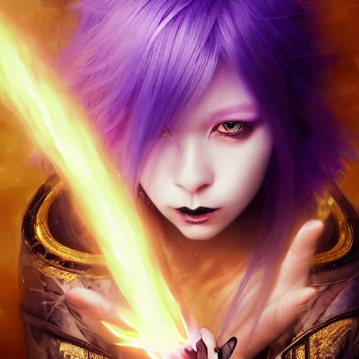 Prompt: rimuru tempest from tensura holding purple fire in his palm, with amber eyes of golden colored eyes, straight hair, sky blue hair, long bangs, gothic attire, regal attire, concept art, award winning photography, digital painting, cinematic, wlop, 8 k, by ross tran, tom bagshaw, andy warhol