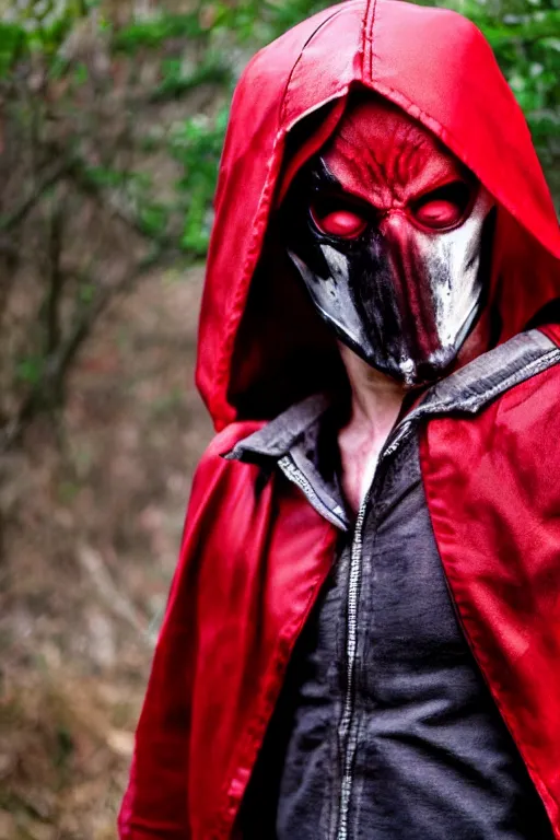 Image similar to red hood cosplay, creepy, disturbing, bloody, darkness, grainy