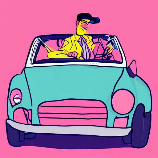 Prompt: a cartoon of a man driving a pink car, an album cover by rodolfo escalera, trending on instagram, sots art, wallpaper, artwork, art on instagram