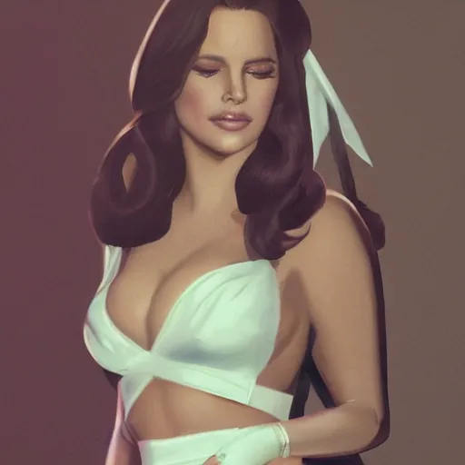 Image similar to detailed photo of lana del rey wearing a playboy bunny outfit, 8 k, by greg rutkowski, artgerm, global illumination