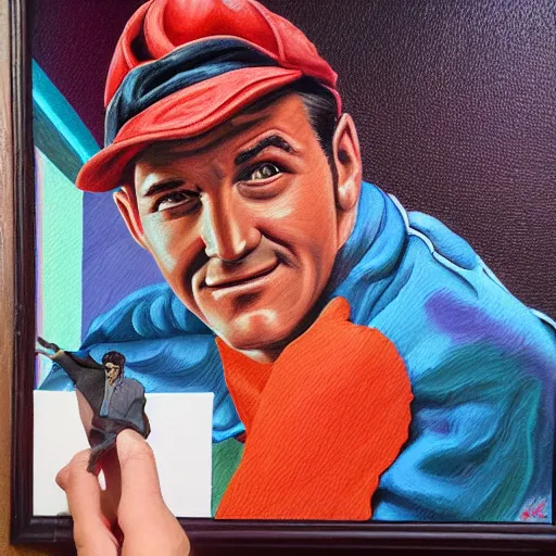 Image similar to beautiful lifelike painting of retro snes game starring gene kelly demanding a refund on undercooked overpriced dinosaur steak in downtown dive bar bistro, hyperreal detailed facial features and uv lighting, retro bitmap pixel art painting