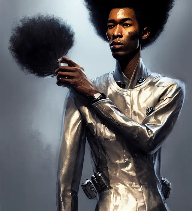 Image similar to portrait of a man by greg rutkowski, he is about 2 5 years old, mixture between afroamerican and japanese, afro hair, geisha tatoos, very tall and slender, he is wearing a futuristic police gear, highly detailed portrait, digital painting, artstation, concept art, smooth, sharp foccus illustration, artstation hq