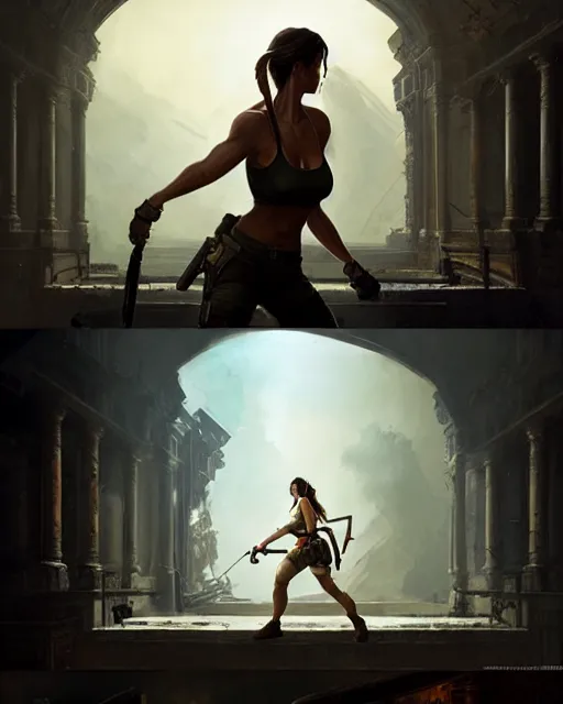 Prompt: lara croft exploring an italian opera house as she hides from numerous musclebound male goons patrolling the area, by wlop, greg rutkowski and peter mohrbacher, extremely detailed shading, concept art, digital painting, trending on artstation, unreal engine 5, octane render, atmosphere, lens flare, glow, cinematic lighting, full of color