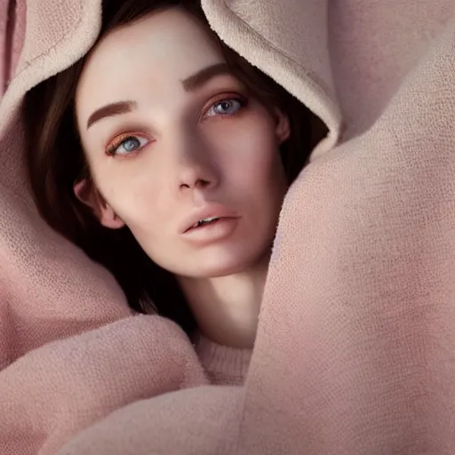 Image similar to portrait of a cute thin young woman, red blush, cute freckles wearing casual clothes, small smile, relaxing on a couch, cozy under a blanket, cozy living room, close up shot, 8 k, art by diego fazio and irakli nadar and ron mueck, hyperrealism, hyperdetailed, ultra realistic