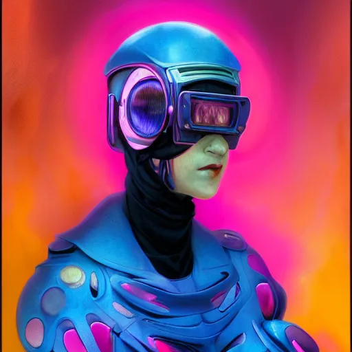 Prompt: vibrant face portrait of a cyberpunk with pink helmet on the art deco streets of the big city, 3 d anime, streetwear, award - winning realistic sci - fi concept art by jim burns and greg rutkowski, picasso, beksinski, masterpiece, complimentary colors, james gilleard, bruegel, alphonse mucha, and yoshitaka amano