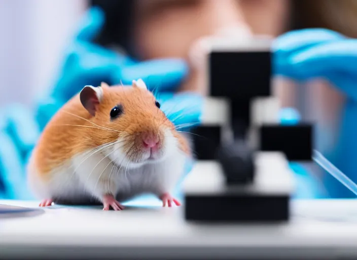 Image similar to film still of a hamster working in a research lab using a tiny microscope, 8 k