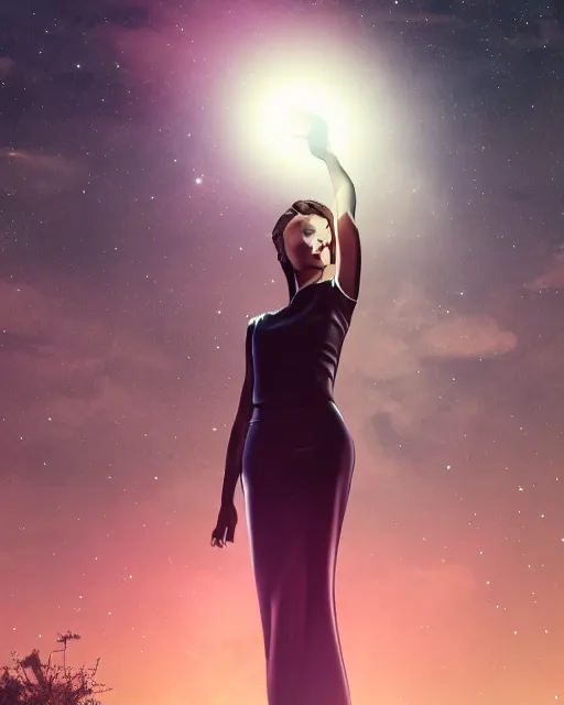 Prompt: kipo standing under the stars with an arm raised to the night sky, in professional makeup, dramatic lighting, by radford sechrist, 4 k, trending on artstation